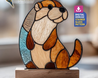 Patrón de vitral de nutria, plantilla PDF de atrapasol de nutria, patrón para manualidades, decoración del hogar, arte mural