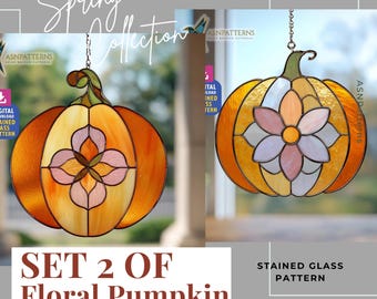 Set 2 Floral Pumpkin Stained Glass Pattern, Pumpkin Fall Suncatcher Template, Autumn Decor, Wall Art