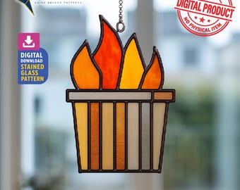 Dumpster On Fire Stained Glass Pattern, Dumpster Fire Suncatcher Template, DIY Crafting Project, Wall Art