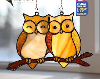 Couple Owl Stained Glass Pattern, Owl Suncatcher , DIY Handmade, Home Decor, Wall Art