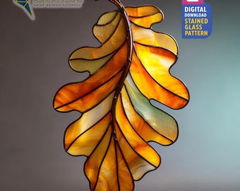 Oak Leaf Stained Glass Pattern, Leaf Suncatcher Template, DIY Hand Craft, Thanksgiving, Crafting Project, Home Decor