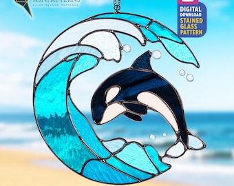 Orca And Waves Stained Glass Pattern, Orca Suncatcher PDF Template, DIY Hand Craft, Home Decor, Wall Art