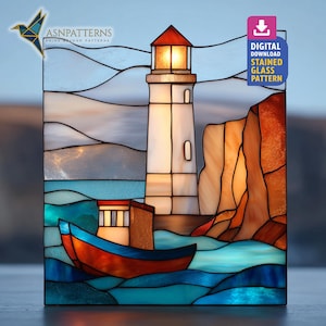 Lighthouse With Boat Stained Glass Pattern, Lighthouse Suncatcher Template, DIY Glass Craft, Home Decor, Wall Art