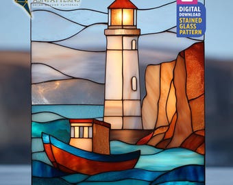 Lighthouse With Boat Stained Glass Pattern, Lighthouse Suncatcher Template, DIY Glass Craft, Home Decor, Wall Art