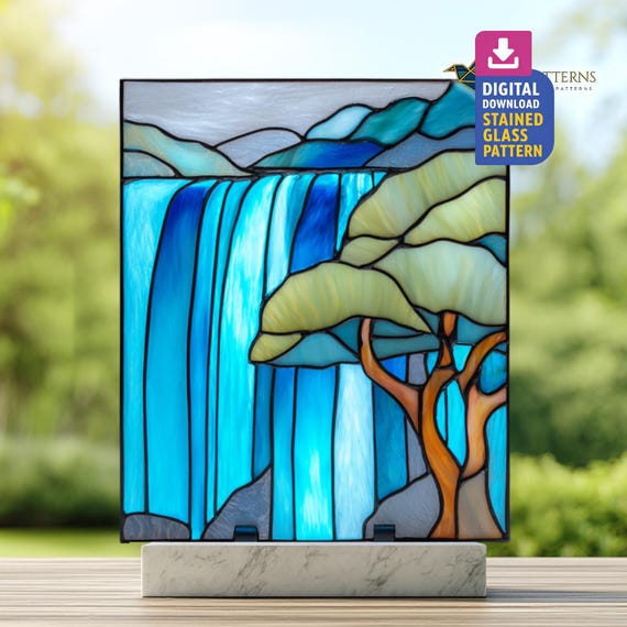 Waterfall Stained Glass Pattern, Nature Suncatcher Template, DIY Glass Craft, Home Decor, Wall Art