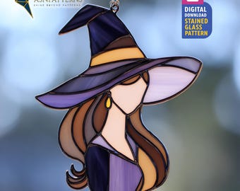 Witch Girl Stained Glass Pattern, Witchy Suncatcher PDF Template, DIY Glass Craft, Halloween Decor, Wall Art