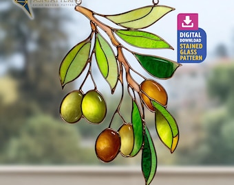 Olive Branch Stained Glass Pattern, Olive Suncatcher Template, DIY Handmade, Home Decor, Wall Art