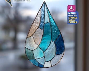Water Drop Stained Glass Pattern, Droplet Suncatcher Template, DIY Handmade, Home Decor Hanging, Wall Art