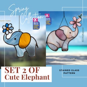 Conjunto de 2 peças com estampa de elefante em vitral, design fofo de elefante para pendurar na janela, artesanato faça você mesmo, feito à mão para presente, decoração de parede.