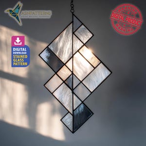 Abstract Geometric Stained Glass Pattern, Abstract Square Suncatcher Design Template, Home Decor, Crafting Project Idea