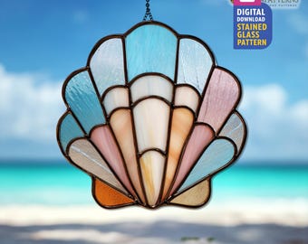 Seashell Stained Glass Pattern, Nautical Suncatcher PDF Template, Summer Decor, Wall Art, Handmade Gift