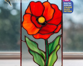 Large Poppy Stained Glass Pattern, Red Poppy Suncatcher PDF Template, DIY Hand Craft For Gift, Garden Decor, Wall Art