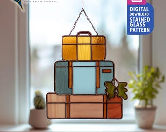 Suitcases Stained Glass Pattern, Suitcases Suncatcher Template, Traveler Decor Suncatcher, Home Decor, Wall Art Handmade.