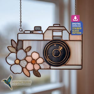 Floral Camera Stained Glass Pattern, Camera Suncatcher Template, DIY Handmade Pattern, Home Decor, Wall Art Hanging