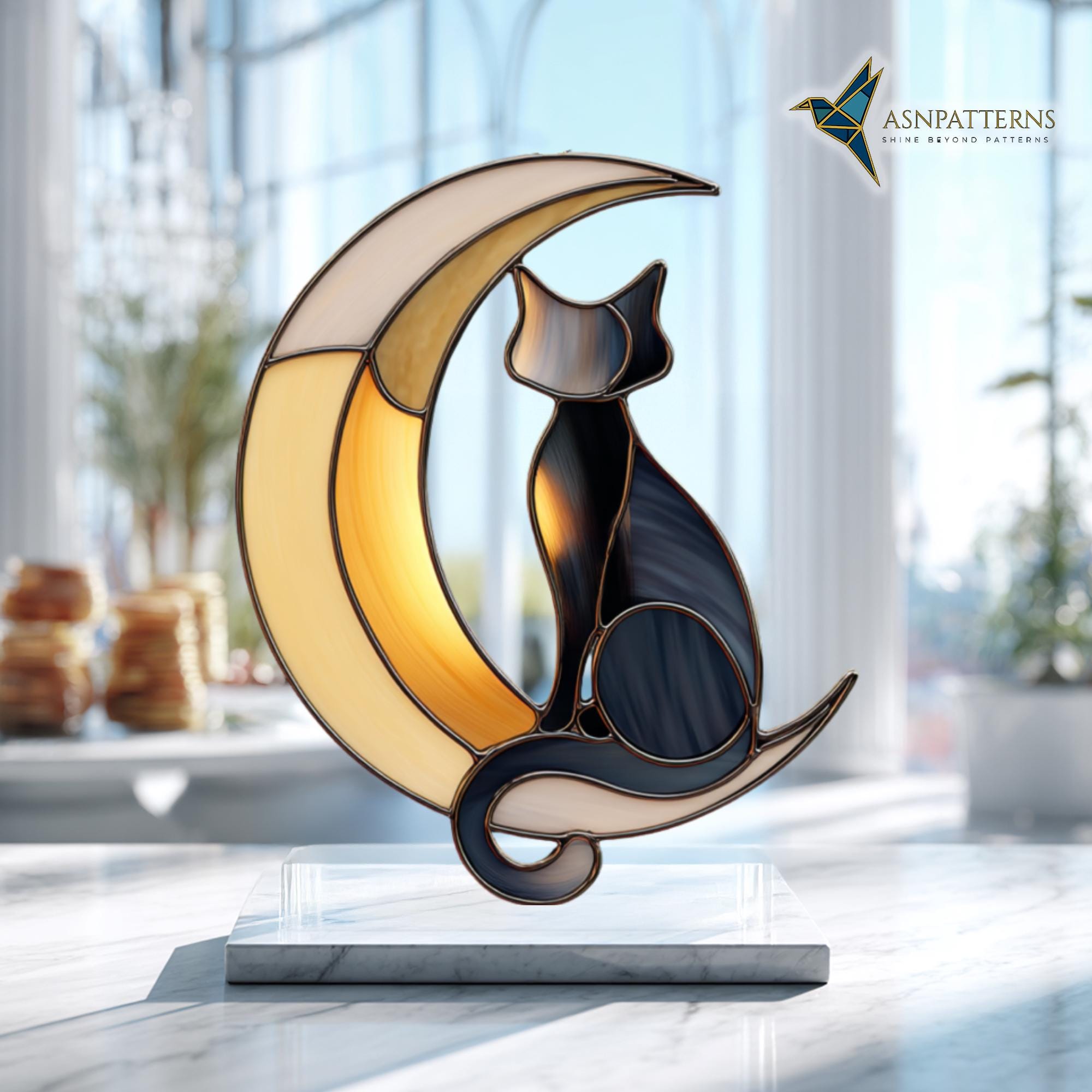 Black Cat on Moon Stained Glass Pattern, Moon and Cat Suncatcher ...