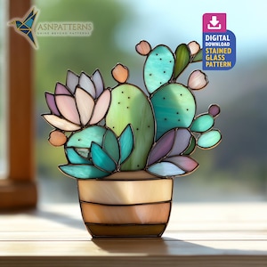 Bloeiende cactus glas-in-loodpatroon, sjabloon cactus suncatcher, DIY handgemaakt, tuindecor, kunst aan de muur hangend
