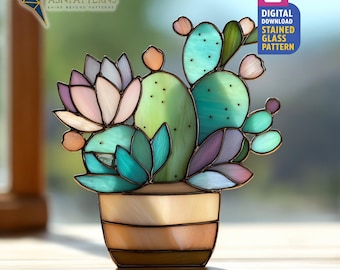 Blooming Cactus Stained Glass Pattern, Cactus Suncatcher Template, DIY Handmade, Garden Decor, Wall Art Hanging