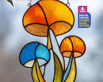 Colorful Mushroom Stained Glass Pattern, Fall Suncatcher Template (PDF Pattern)