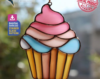 Cupcake Stained Glass Pattern, Cupcake Suncatcher PDF Template, Home Decor, DIY Crafting Project, Wall Art