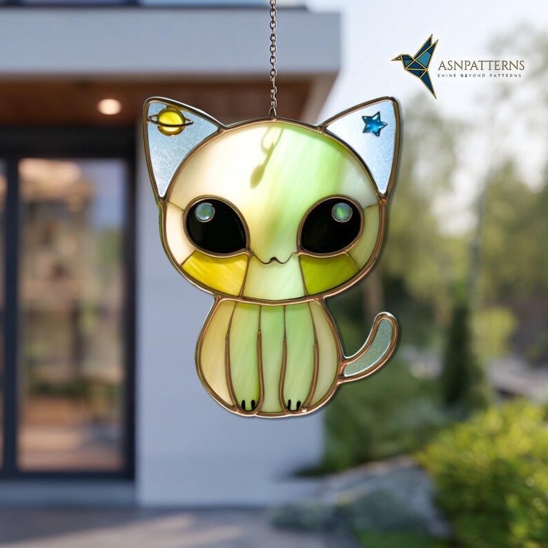 Alien Cat Stained Glass Pattern, Cat Suncatcher PDF Template, Pattern ...