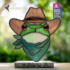 Cowboy Frog Stained Glass Pattern, Frog Suncatcher Template, DIY Glass Craft, Hanging Decor, Wall Art