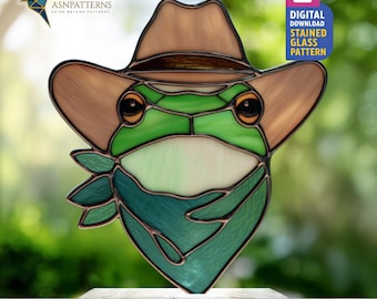 Cowboy Frog Stained Glass Pattern, Frog Suncatcher Template, DIY Glass Craft, Hanging Decor, Wall Art