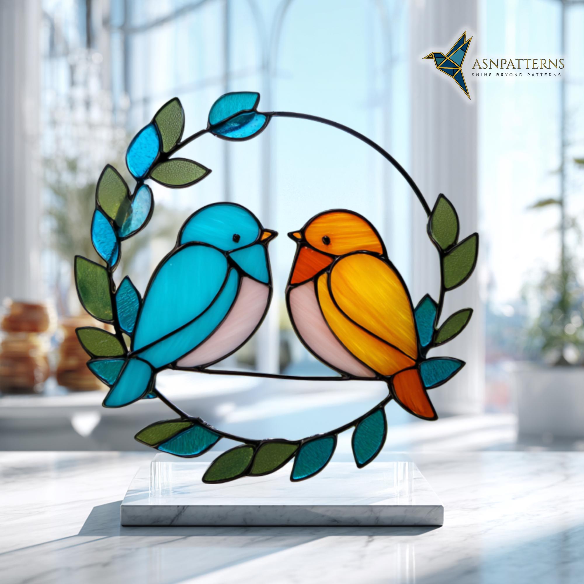 Love Birds Stained Glass Pattern, Couple Bird Suncatcher Template