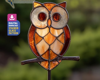Owl Plant Stake Stained Glass, Owl Suncatcher PDF Template, Garden Decor, Handcraft Project Design, Wall Art