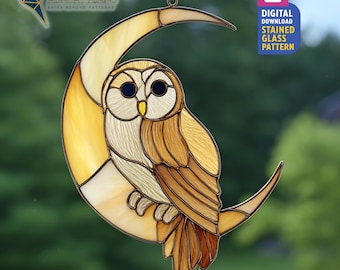 Owl On Crescent Moon Stained Glass Pattern, Owl On Moon Suncatcher Template, DIY Handcraft, Teacher Gift, Wall Art