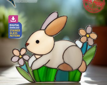 Bunny Stained Glass Pattern, Playful Bunny Suncatcher PDF Template, Home Decor, DIY Crafting Project, Wall Art