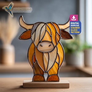 Highland Cow Stained Glass Pattern for DIY Suncatcher and Rustic Window Decor