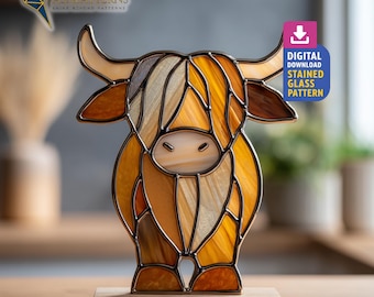 Highland Cow Stained Glass Pattern for DIY Suncatcher and Rustic Window Decor
