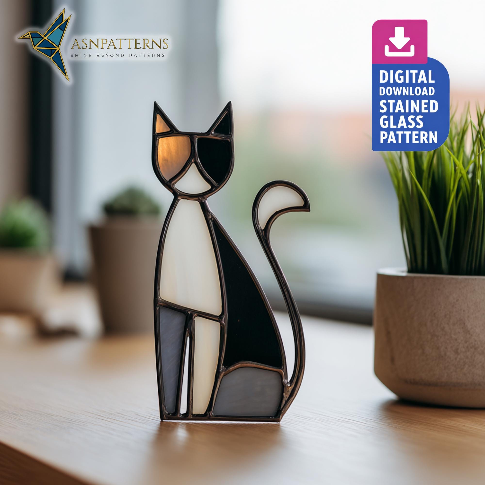 Simple Black Cat Stained Glass Pattern, Easy Cat Suncatcher Template ...