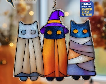 Halloween Cats Stained Glass Pattern, Black Cats Suncatcher Template, DIY Hand Craft, Home Decor, Crafting Project Design