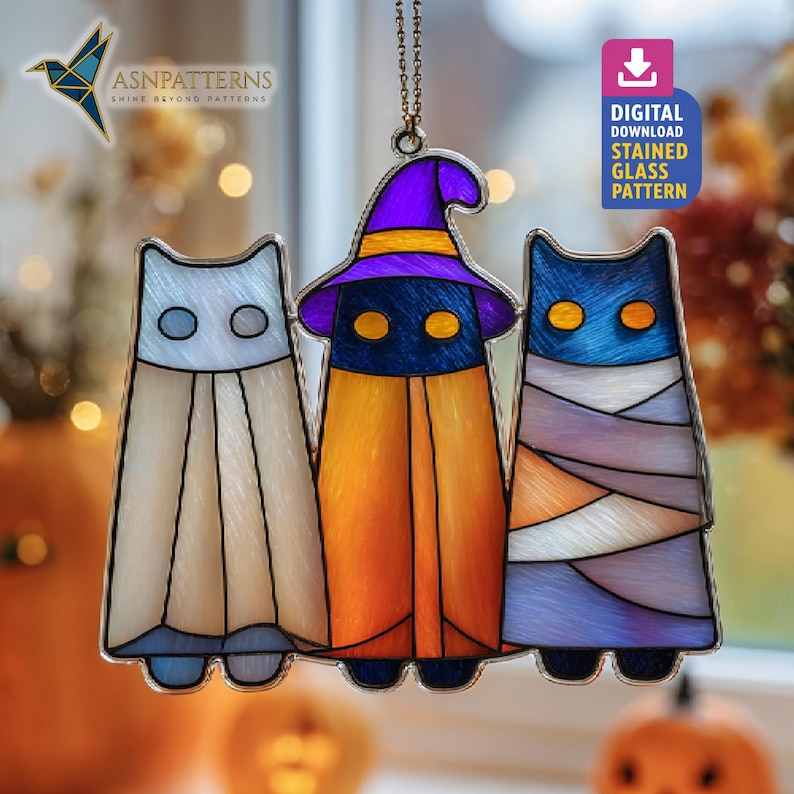 Halloween Cats Stained Glass Pattern, Black Cats Suncatcher Template ...