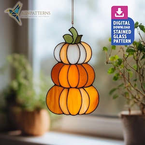 Pompoenen gestapeld op glas-in-loodpatroon, pompoenen Suncatcher pdf-sjabloon, woondecoratie, handgemaakt idee