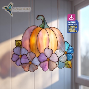 Floral Pumpkin Stained Glass Pattern, Floral Pumpkin Suncatcher Template, Handcraft Pattern, Fall Decor, Wall Art
