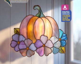 Floral Pumpkin Stained Glass Pattern, Floral Pumpkin Suncatcher Template, Handcraft Pattern, Fall Decor, Wall Art