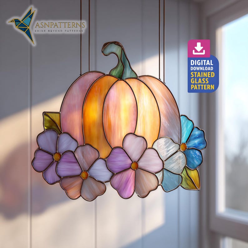 Floral Pumpkin Stained Glass Pattern, Floral Pumpkin Suncatcher Template, Handcraft Pattern, Fall Decor, Wall Art