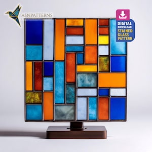 Mondrian Stained Glass Pattern, Rainbow Geometric Mondrian Suncatcher PDF Template , DIY Hand Craft, Home Decor, Crafting Gift