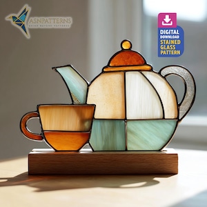 Vintage Teapot Stained Glass Pattern, Vintage Suncatcher PDF Template, DIY Handmade, Home Decor, Craft Design