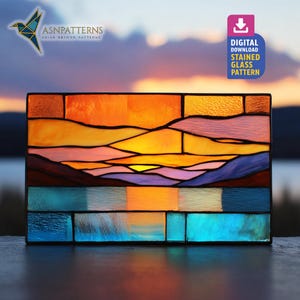 Motivo in vetro colorato sul lago, acchiappasole al tramonto sul lago, tramonto sul lago in vetro colorato, artigianato in vetro fai da te, decorazioni per la casa, arte murale