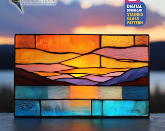 Lake Stained Glass Pattern, Sunset On Lake Suncatcher, Stained Glass Sunset Lake, DIY Glass Craft, Home Decor, Wall Art