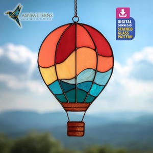Rainbow Hot air Balloon Stained Glass Pattern,  Balloons Suncatcher Template, DIY Glass Craft, Wall Art