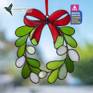 Mistletoe Branch Stained Glass Pattern, Mistletoe Wreath Suncatcher, Stained Glass Mistletoe Ornament, Glass Craft, Home Decor, Wall Hanging