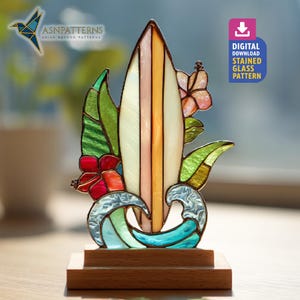 Surfboard Stained Glass Pattern, Tropical Surfboard Suncatcher Template, DIY Handcraft, Beach Decor, Craft design