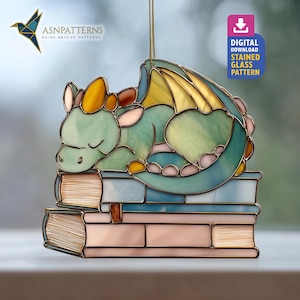 Dragon Sleeping on Book Stained Glass Pattern,  Dragon Book Suncatcher Template, DIY Handcraft, Handmade Gift, Wall Art