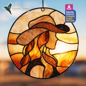 Cowgirl Stained Glass Pattern, Western Cowgirl Suncatcher PDF Template, DIY Hand Craft For Gift, Home Decor, Wall Art