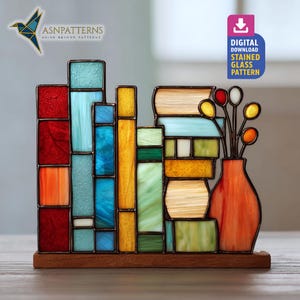 Diseño de vidriera para estantería, atrapasoles para estantería, vidriera para amantes de los libros, manualidades de vidrio DIY, decoración de estantería, arte de pared