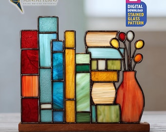 Bookshelf Stained Glass Pattern, Bookshelf Suncatcher, Stained Glass Bookish, DIY Glass Craft, Bookshelf Decor, Wall Art